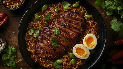 Spicy Pork Ramen Noodles with Egg and Cilantro