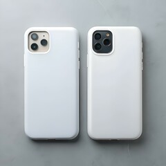 Two white smartphone cases with camera cutouts. perfect for showcasing mobile phone protection. design mockups. and tech accessories.