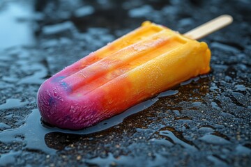 Poster - A vibrant color ice cream on a stick has fallen to the pavement and is sticking upside down with the stick up