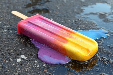 Poster - A vibrant color ice cream on a stick has fallen to the pavement and is sticking upside down with the stick up