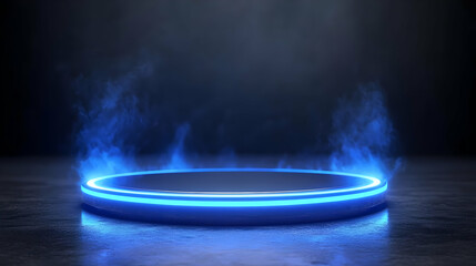 Blue Neon Light Circle Platform with Smoke Effect