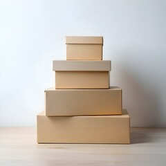 Poster - Stack of four brown cardboard boxes. arranged in a pyramid shape. on a light wooden table against a white backdrop.