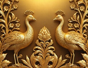 Naklejka na meble 3D Gold 2 Peacock With Gold Flowers And Ornaments Wallpaper 3d illustration Design. Ai generated images