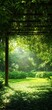 © Mind - A serene garden pathway illuminated by soft sunlight filtering through lush green leaves, creating a peaceful retreat in nature.