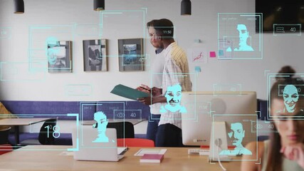 Poster - Facial recognition animation over business meeting in modern office