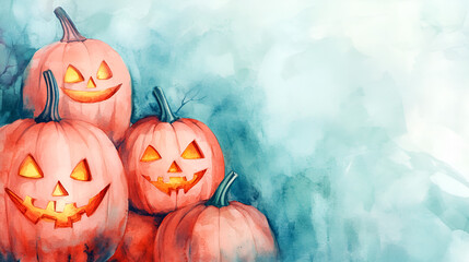 Wall Mural - Watercolor Halloween Pumpkins with Space for Text