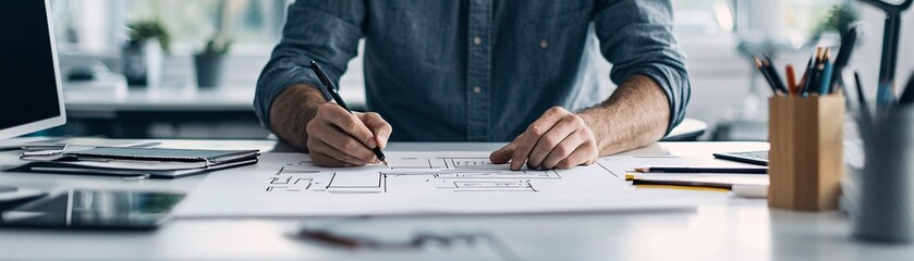 Poster - creative professional sketching website layout ideas on paper, concept development stage, traditiona
