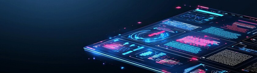 Dark mode website layout with glowing elements, trendy web design aesthetic, modern UI/UX concept.