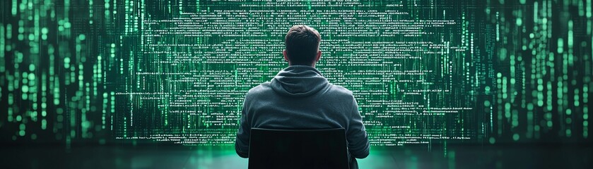 Poster - developer writing html code with a green matrix-style background, hacker-like aesthetic, advanced co