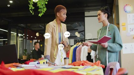 Wall Mural - Discussing fashion designs, two women in office with speech bubbles animation