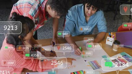 Aufkleber - Social media engagement animation over diverse group collaborating on creative project