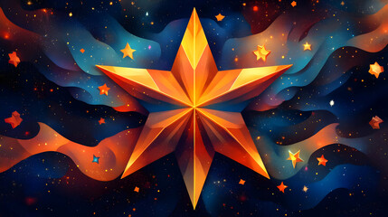 Wall Mural - golden star in the night sky with wavy clouds