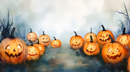 Canvas Print - Watercolor Halloween Pumpkins With Glowing Faces - Spooky Autumn Design