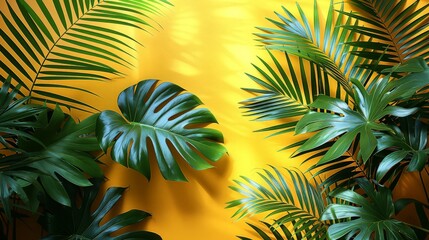 Wall Mural - Bright yellow painted wall framed with green tropical palm leaves, sunlight with shadows patterns, summer background.