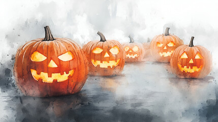 Wall Mural - Watercolor Halloween Pumpkins for Spooky Celebrations