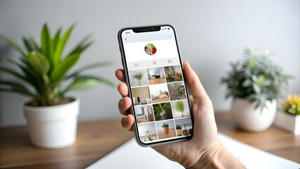 A close up shot of a hand holding a smartphone displaying a grid of images. showcasing the appealing nature of online photo galleries.