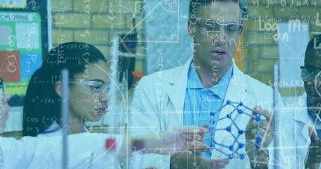Poster - Scientists examining molecular model, mathematical equations animation over laboratory scene