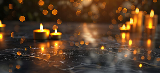 An abstract blur background of a dark marble table with golden lights and candles on top, with a blurred product display in the foreground.