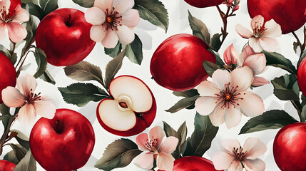 Poster - Watercolor Seamless Pattern of Red Apples and Flowers