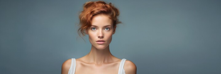 Wall Mural - A woman with red hair and blue eyes is standing in front of a blue background