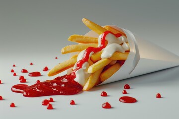 french fries  mayo and ketchup spilling out of a paper cone