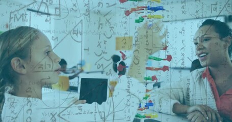 Poster - DNA model and scientific equations animation over students studying in classroom