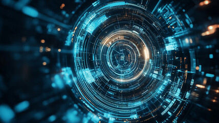 Poster - A futuristic digital tunnel with glowing blue and orange lines in a high-tech environment
