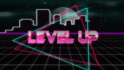 Poster - Level up text animation over neon geometric shapes and cityscape background