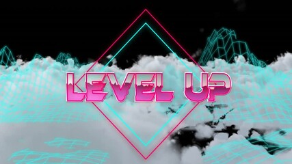 Poster - Level up text animation over geometric shapes and clouds