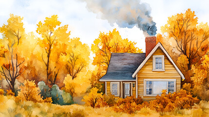 Wall Mural - Watercolor painting of a cozy autumn house surrounded by golden leaves.