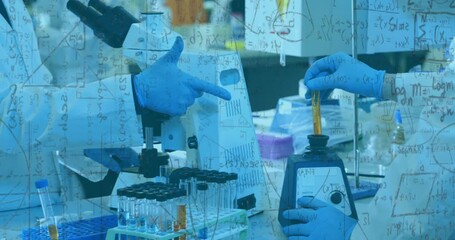 Poster - Mathematical equations animation over scientists working with lab equipment and test tubes