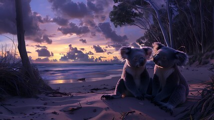 Koalas on a stunning beach at twilight full of curiosity