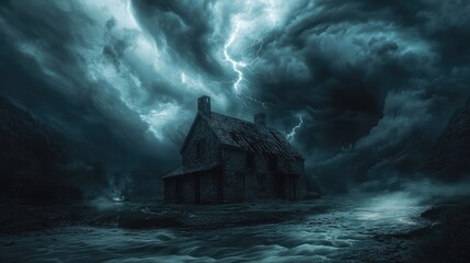 Minimalist view of a desolate house in a river, under a dark, swirling storm cloud, lit by a sudden lightning strike