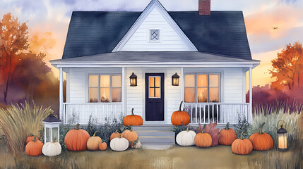 Poster - Cozy Autumn Cottage with Pumpkins -  Perfect for your Fall Designs!