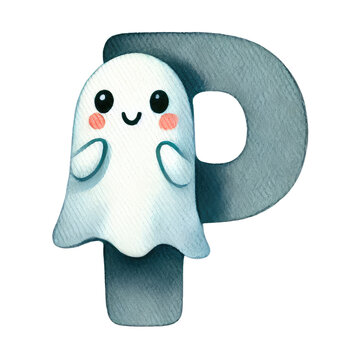 ghost alphabet, Halloween a-z letters decorated with cute ghost, for baby invitation design, poster, banner or birthday card. Cute monster font for children party design.