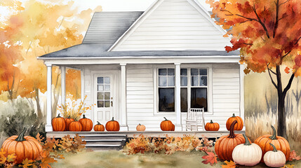 Sticker - Cozy Watercolor Farmhouse with Pumpkins, Perfect for Fall Decor