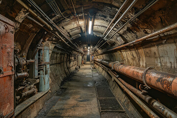 Wall Mural - A Glimpse into the Depths: An Eerie Industrial Tunnel Reveals a Network of Rusty Pipes and Concrete Walls, Bathed in the Faint Glow of Overhead Lights.