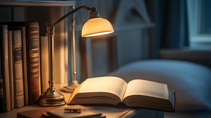 A warm light shines on an open book, illuminating the pages and casting long shadows on the table.  A row of aged leather-bound books stand nearby.