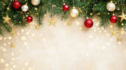 Wall Mural - Christmas background with green pine branches, golden stars, and red, white, and yellow balls on a beige bokeh background. Xmas card, Christmas background, Xmas greeting, Xmas web header