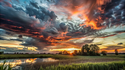 Wall Mural - As the sun sets over the wetlands, vibrant colors fill the sky, reflecting beautifully off the calm waters. Rolling clouds add depth and drama to the evening landscape