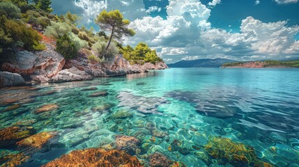 Wall Mural - Crystal clear sea water bay. Pristine ocean lagoon sunny cloudy sky, idyllic relaxing seascape.