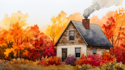 Canvas Print - Cozy Autumn Cottage in Watercolor - Perfect for Home Decor and Greeting Cards