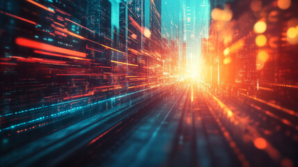 Poster - Digital cityscape at twilight with glowing lines and vibrant colors reflecting futuristic technology