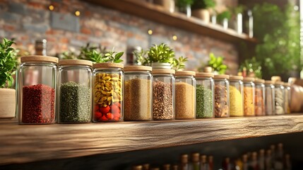 Assorted Mediterranean Spices Displayed on Wooden Shelf in Glass Jars