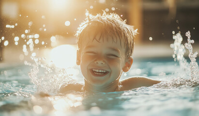 Wall Mural - A happy child splashes and plays in the water of an outdoor swimming pool, smiling brightly as they glide through the clear blue waters