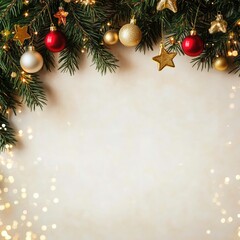 Wall Mural - Christmas background with green pine branches, golden stars, and red, white, and yellow balls on a beige bokeh background. Xmas card, Christmas background, Xmas greeting, Xmas web header