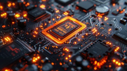3D rendering of a futuristic circuit board with glowing lights and cyberpunk-style elements. Digital technology background with blue, orange, and black colors. 