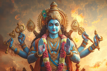 Vishnu, the Preserver, Embraces the Cosmos: A Majestic Depiction of the Hindu Deity