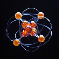 Wall Mural - A 3D rendering of an atom with six orbiting electrons and a nucleus made up of six smaller spheres.