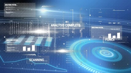 Poster - Data analysis and scanning animation with futuristic interface elements and graphs